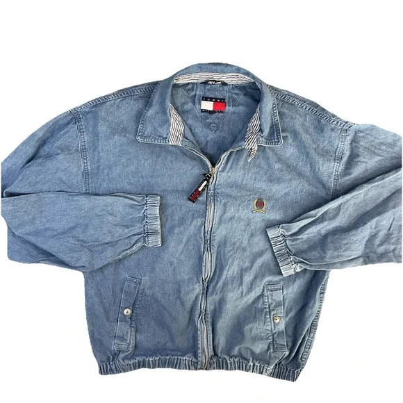 Vintage Tommy Hilfiger Denim Jacket Harrington 90s Crest Logo Full Zip Men‎ Sz L - Picture 11 of 11